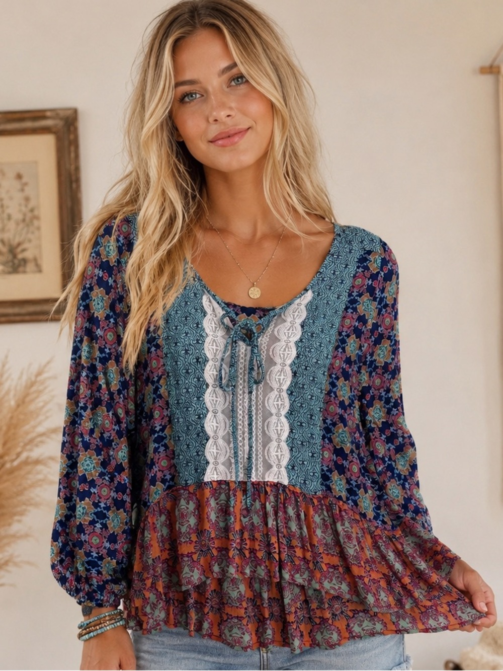 Angie Boho chic Mixed Floral Patchwork Peasant Blouse - Blue & Rust